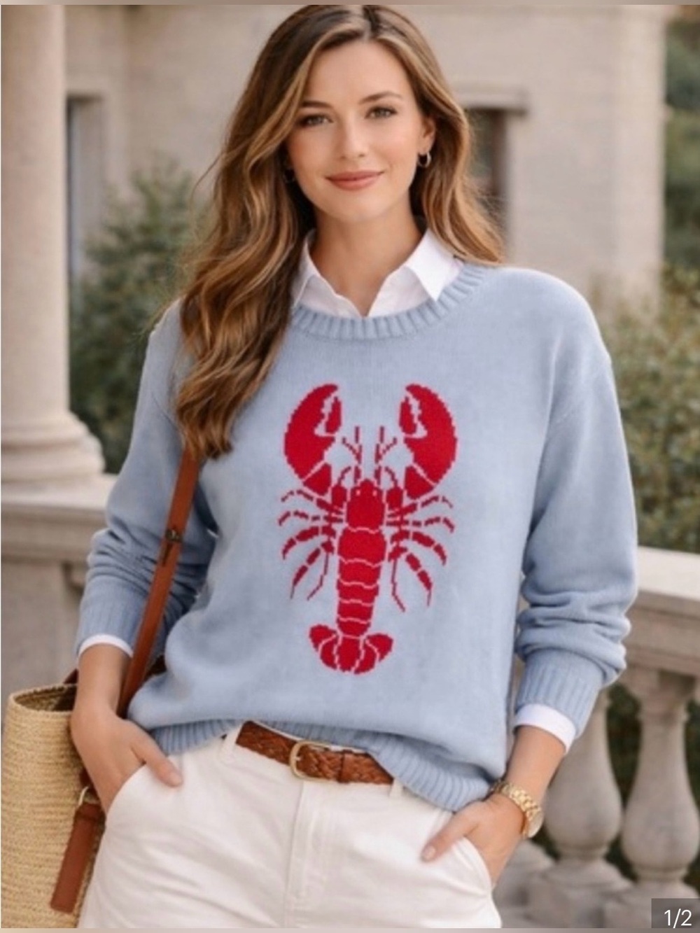 Mighty Fine|Pale Blue Crewneck knit Sweater-Red Lobster Novelty•Coastal Nautical - Picture 14 of 15
